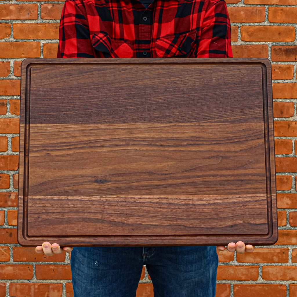 Personalized 1.25” Thick Extra Large Wood Cutting Board with Feet, Pocket Handles and Juice Groove, Butcher Block, Weddi