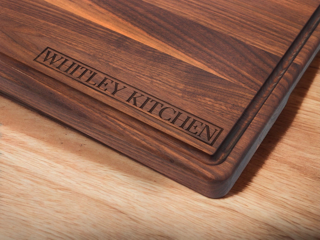 Personalized 1.25” Thick Extra Large Wood Cutting Board with Feet, Pocket Handles and Juice Groove, Butcher Block, Weddi