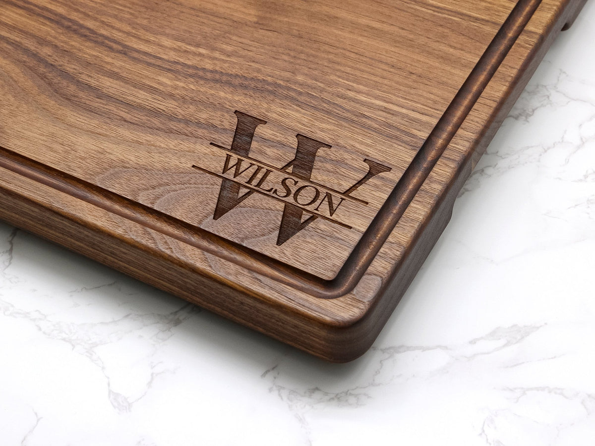 Personalized 1.25” Thick Extra Large Wood Cutting Board with Feet, Pocket Handles and Juice Groove, Butcher Block, Weddi