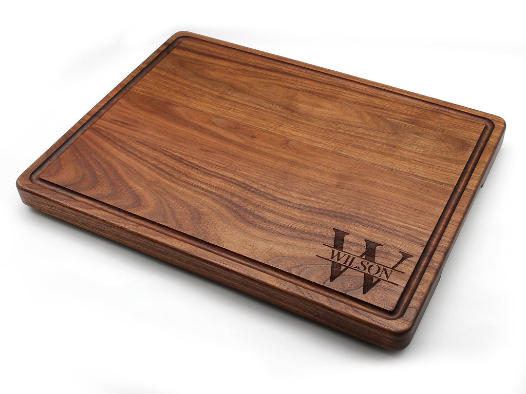 Personalized 1.25” Thick Extra Large Wood Cutting Board with Feet, Pocket Handles and Juice Groove, Butcher Block, Weddi