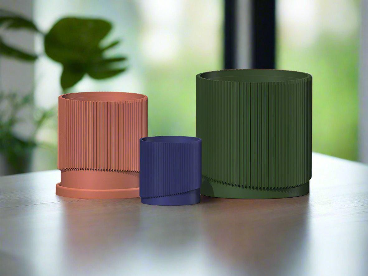 Mid – Century Ribbed Planter with Drainage and Saucer in Multiple Colors, 3D Printed Planter with Unique Modern Design,