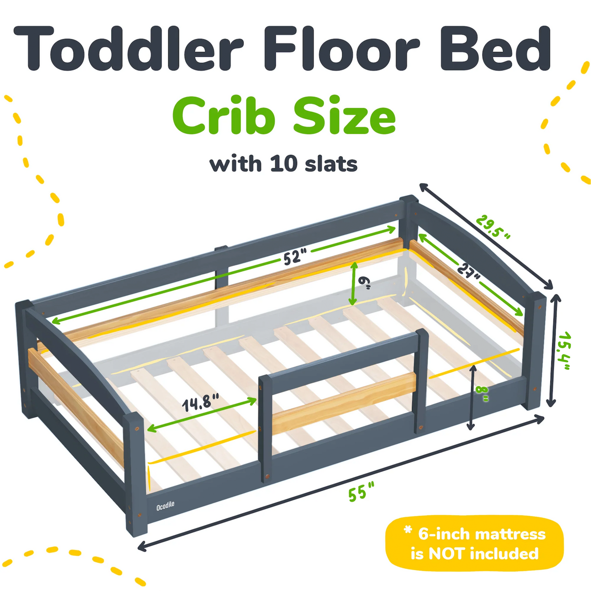 Crib Size Wooden Floor Bed with Safety Rails for Kids Age 1 – 3