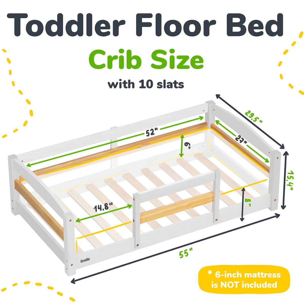 Crib Size Wooden Floor Bed with Safety Rails for Kids Age 1 – 3