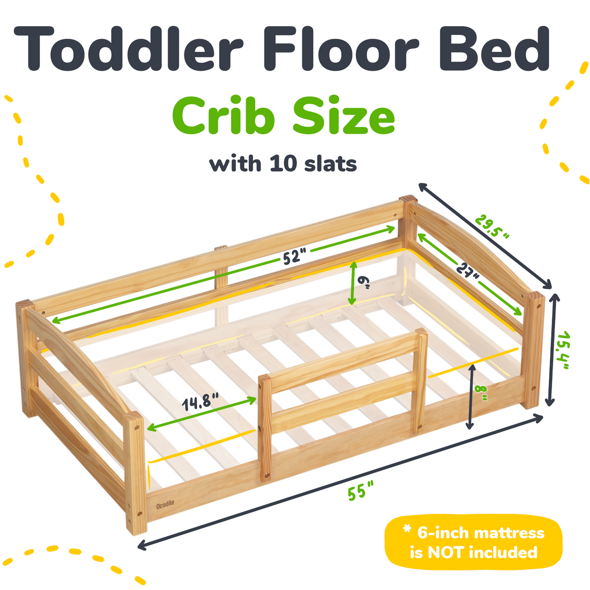 Crib Size Wooden Floor Bed with Safety Rails for Kids Age 1 – 3