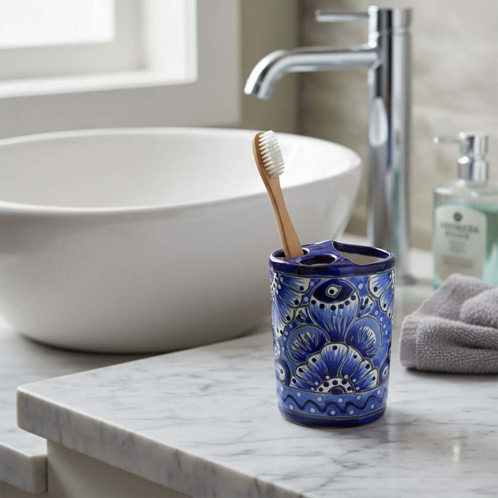 Hand – Painted Talavera Toothbrush Holder | Blue & White Ceramic
